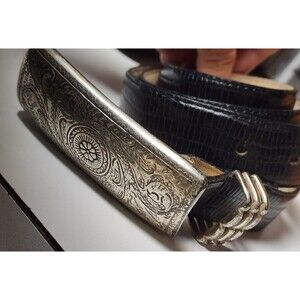 Black Leather Belt Silver Buckle Size 34